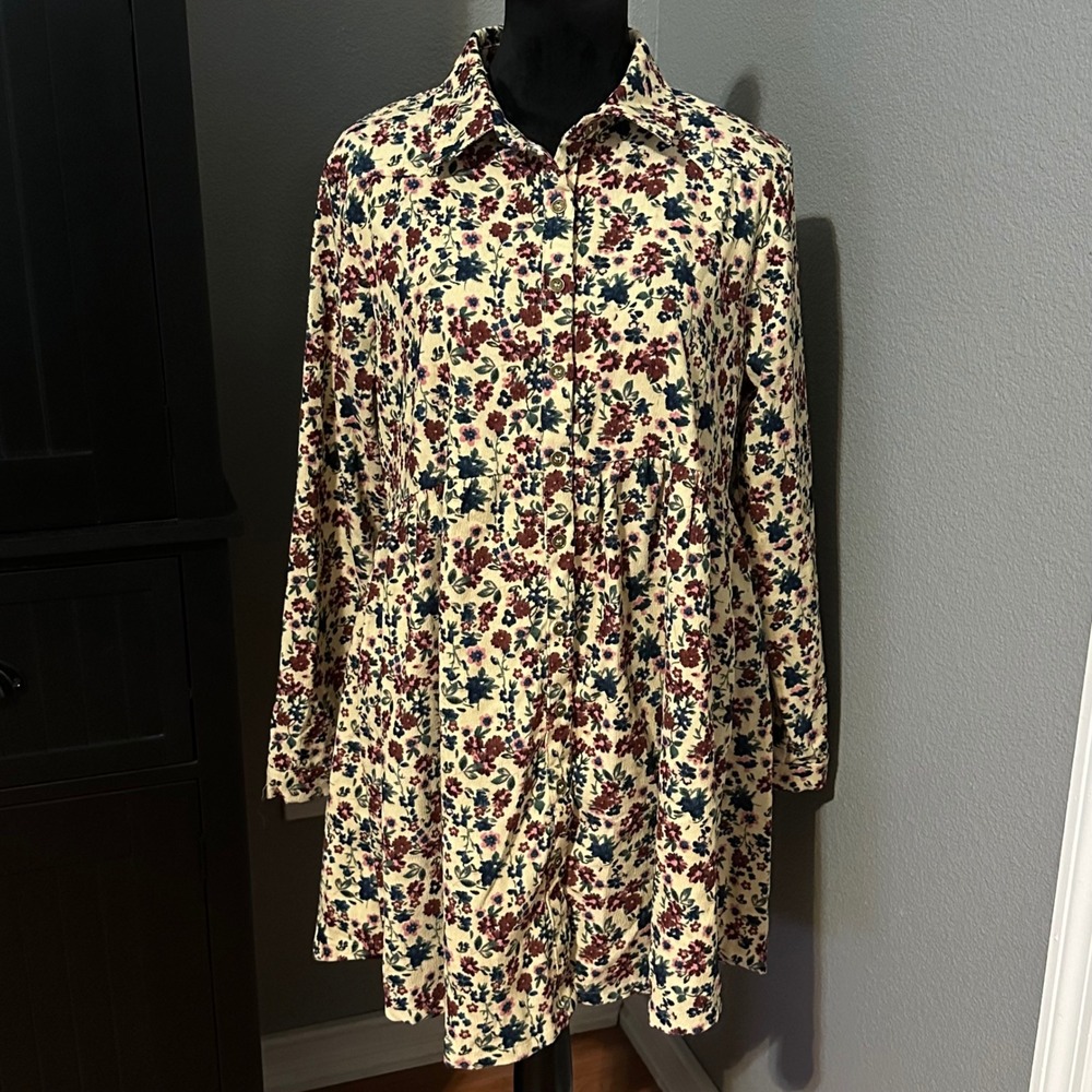Umgee Blouse Medium Floral Cottagecore Boho Button Front Long Sleeve Tunic Top